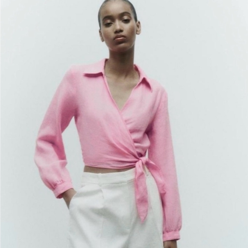 Zara linen Wrap-Front Pink Long-Sleeve Crop Top
